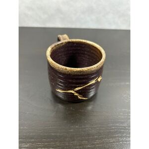 Runi Studio Pottery Mug Brown Textured Ceramic Kintsugi Style Gold Accent Signed